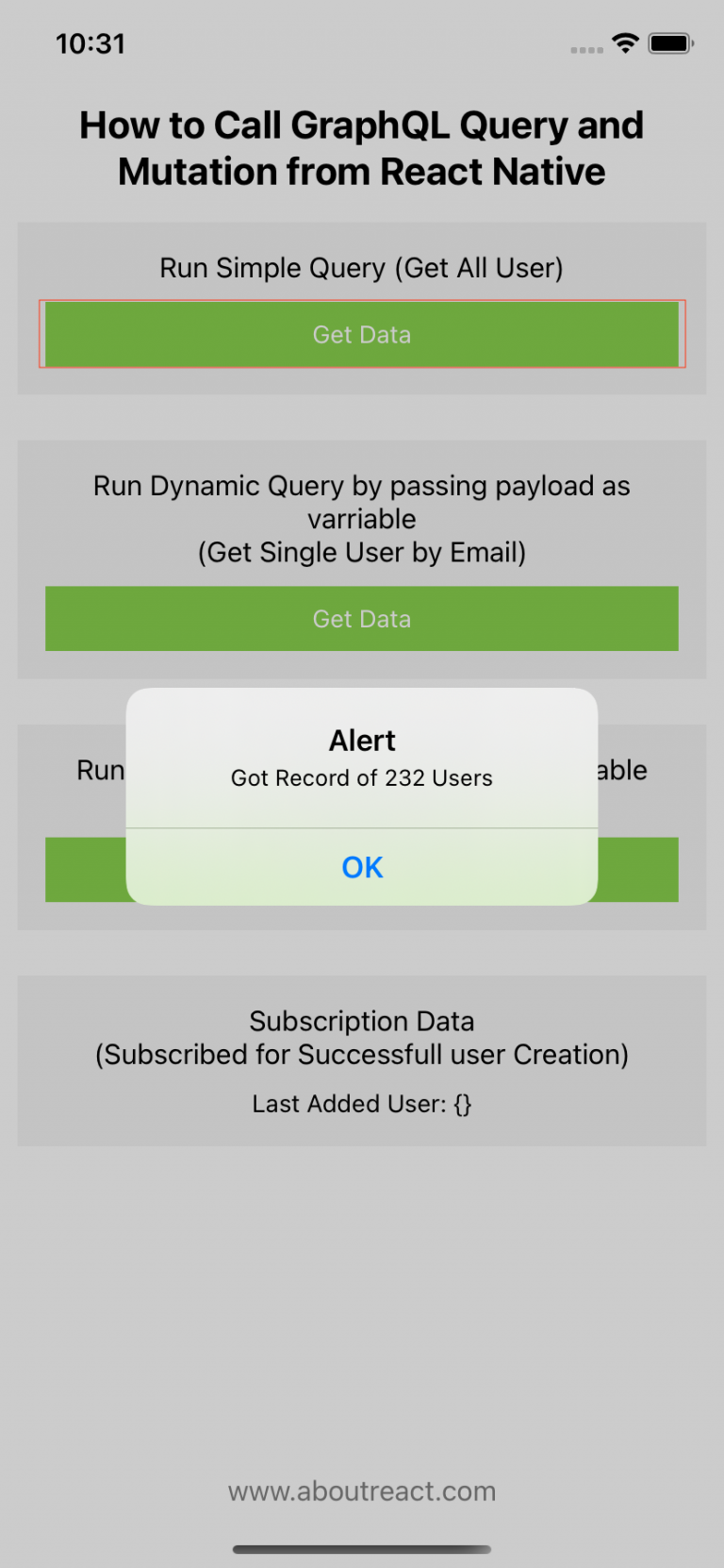 GraphQL Query, Mutation and Subscribe with React Native App